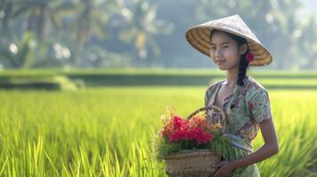 ai gegenereerd een tiener- meisje van zuidoosten Azië, met een traditioneel jurk en een mand van bloemen, is wandelen in een rijst- veld- in Bali, Indonesië foto