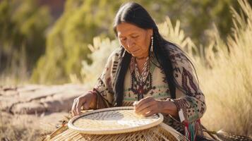 ai gegenereerd een inheems Amerikaans vrouw in haar jaren 40, met lang zwart haar- en traditioneel kleding, is het weven een mand in Arizona foto