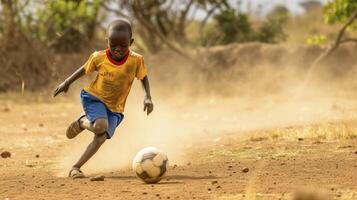 ai gegenereerd een jong Afrikaanse jongen is spelen Amerikaans voetbal Aan een stoffig veld- in een klein dorp in Kenia foto