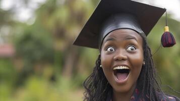 ai gegenereerd een jong Afrikaanse vrouw, met een kijken van verrassing en een diploma uitreiking pet, is vieren haar diploma uitreiking in een Universiteit in nairobi, Kenia foto