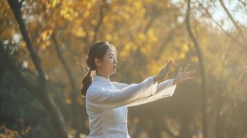 ai gegenereerd een jong oosten- Aziatisch vrouw is beoefenen tai chi in een vredig park in Beijing foto