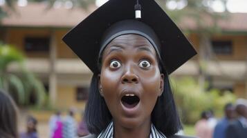 ai gegenereerd een jong Afrikaanse vrouw, met een kijken van verrassing en een diploma uitreiking pet, is vieren haar diploma uitreiking in een Universiteit in nairobi, Kenia foto