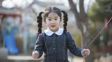 ai gegenereerd een jong meisje van oosten- Azië, met vlechten en een school- uniform, is spelen met een springen touw in een schoolplein in seoel, zuiden Korea foto