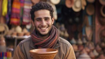 ai gegenereerd een jong Mens van de midden- oosten, met een trots uitdrukking en een stuk van pottenbakkerij, is presentatie van zijn werk in een markt in marrakech, Marokko foto