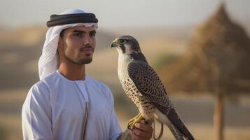 ai gegenereerd een jong Mens van de midden- oosten, met een trots uitdrukking en een valk Aan zijn arm, is deelnemen in een valkerij wedstrijd in de woestijn in de Verenigde Arabisch emiraten foto