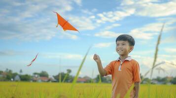 ai gegenereerd een jong zuidoosten Aziatisch jongen is vliegend een handgemaakt vlieger in een rijst- veld- in Vietnam foto