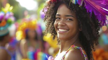 ai gegenereerd een jong vrouw van de Caribisch gebied, met gekruld haar- en een kleurrijk jurk, is dansen Bij een carnaval in Trinidad foto