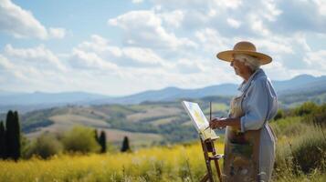 ai gegenereerd een ouderen vrouw van Europa, met een inhoud uitdrukking en een canvas, is schilderij een landschap in een veld- in Toscane, Italië foto