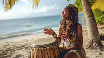 ai gegenereerd een jong vrouw van de Caribisch gebied, met dreadlocks en een trommel, is spelen muziek- Aan een strand in Jamaica foto