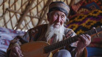 ai gegenereerd een ouderen Mens van centraal Azië, met een traditioneel hoed en een lang baard, is spelen een dombra in een yurt in Kazachstan foto