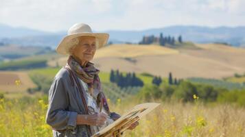 ai gegenereerd een ouderen vrouw van Europa, met een inhoud uitdrukking en een canvas, is schilderij een landschap in een veld- in Toscane, Italië foto