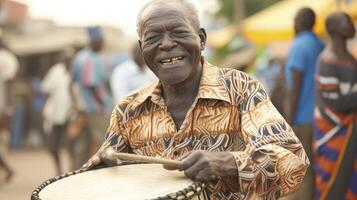 ai gegenereerd een ouderen Mens van Afrika, met een blij uitdrukking en een trommel, is spelen muziek- Bij een festival in accra, Ghana foto