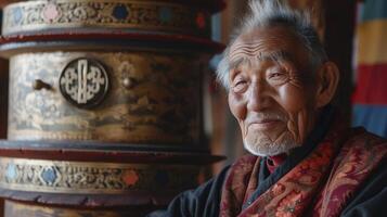 ai gegenereerd een ouderen Mens van centraal Azië, met een sereen uitdrukking en een gebed wiel, is mediteren in een klooster in Bhutan foto