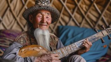 ai gegenereerd een ouderen Mens van centraal Azië, met een traditioneel hoed en een lang baard, is spelen een dombra in een yurt in Kazachstan foto