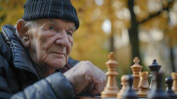 ai gegenereerd een ouderen Mens van oostelijk Europa, met een attent uitdrukking en een schaakbord, is diep verdiept in een spel van schaak in een park in Praag, Tsjechisch republiek foto