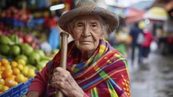 ai gegenereerd een ouderen vrouw van zuiden Amerika, met een kleurrijk sjaal en een wandelen stok, is verkoop fruit in een markt in bogotá, Colombia foto