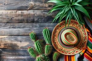 ai gegenereerd cinco de mayo vakantie achtergrond met Mexicaans cactus en partij sombrero hoed. ai gegenereerd foto