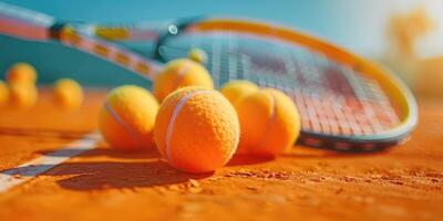 ai gegenereerd tennis rackets en tennis ballen aan het liegen Aan oranje tennis rechtbank. ai gegenereerd foto