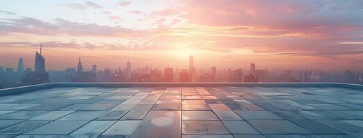 ai gegenereerd leeg plein verdieping met stad horizon achtergrond Bij zonsondergang. hoog hoek visie van leeg beton platform en stedelijk landschap met gebouwen in de afstand. breed panoramisch banier foto