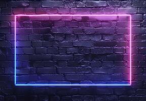 ai gegenereerd een neon kader gloeiend met Purper roze licht Aan donker steen muur achtergrond, creëren een leeg ruimte voor tekst of Product Scherm. de kader is een rechthoek vorm voor reclame en banier foto