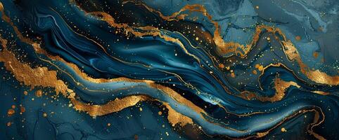 ai gegenereerd luxe blauw en goud marmeren abstract acryl achtergrond. het marmeren artwork textuur. agaat rimpeling patroon. goud poeder. foto