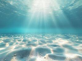ai gegenereerd een mooi onderwater- visie van de Doorzichtig, turkoois oceaan met een zanderig bodem en stralen van zonlicht filteren door de water. de licht weerspiegelt uit de kalmte wateren foto