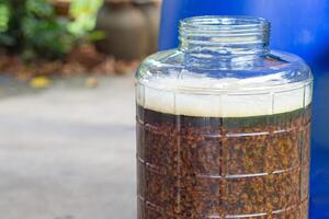 detailopname van ambacht bier en schuim in een fermentatie container. werkwijze van maken huis bier van mout. ambacht bier van gerst en donker mout foto