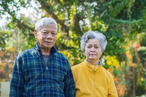 portret van de senior paar glimlachen en op zoek Bij de camera glimlachen terwijl staand in een tuin. concept van oud mensen en gezondheidszorg foto