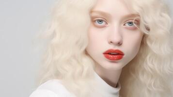 portret van mooi albino tiener meisje met naief gelaats uitdrukking en mollig rood lippen. natuurlijk schoonheid met gloeiend gezond huid. reclame van cosmetica, parfums foto