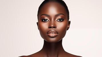 mooi jong zwart vrouw met gloeiend gezond huid detailopname. reclame van cosmetica, parfums, kopiëren ruimte foto