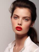 mooi jong vrouw met blauw ogen en rood lippenstift. natuurlijk schoonheid detailopname van een top model- met gloeiend gezond huid foto