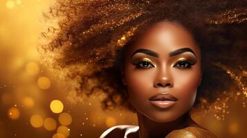 portret van prachtig Afrikaanse Amerikaans vrouw in gouden jurk Aan schitteren achtergrond foto