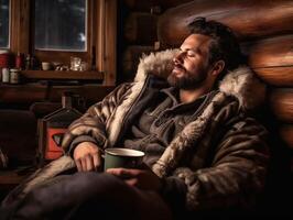 jong hipster Mens in warm kleren genieten van een kop van thee in een houten cabine. wintertijd kom tot rust concept foto