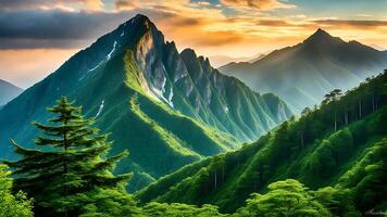 ai gegenereerd berg landschap met groen Woud en hoog pieken Bij zonsondergang foto