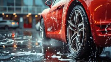 auto wassen concept. detailopname van rood sport- auto met water druppels. foto