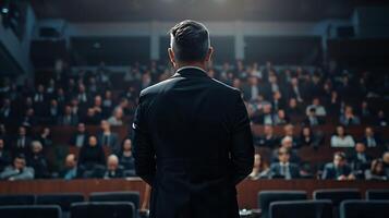 achterzijde visie van zakenman staand in voorkant van publiek in conferentie hal foto