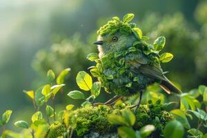 ai gegenereerd met mos bedekt vogel gecamoufleerd tussen bladeren foto