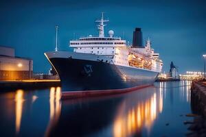 ai gegenereerd haven kalmte boeiend visie van een schip sierlijk aangemeerd in de haven. gemaakt met generatief ai foto