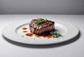 ai gegenereerd een steak Aan een bord, klaar naar eten, wit achtergrond, studio verlichting foto