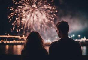 ai gegenereerd paar fom achter aan het kijken vuurwerk in de lucht, adembenemend foto