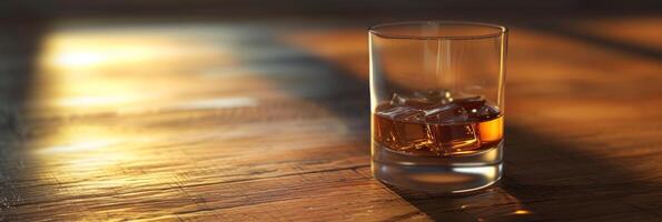 ai gegenereerd glas van whisky met ijs kubussen Aan houten tafel, detailopname foto