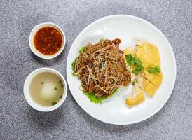 gemengd Thais rijst- noodle met hai naam kip in Thais stijl meloen soep geserveerd in schotel geïsoleerd Aan grijs achtergrond top visie van hong Kong voedsel foto