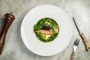 , puree de pommes de terrein, saus cresson et kaviaar avroga geserveerd in schotel geïsoleerd Aan marmeren achtergrond top visie Aan hong Kong voedsel foto