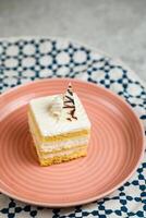 plein vanille taart geserveerd in bord geïsoleerd Aan servet kant visie van cafe gebakken voedsel Aan achtergrond foto