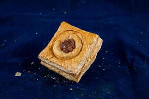 Zalm Wellington bladerdeeg geïsoleerd Aan blauw achtergrond kant visie van hartig tussendoortje voedsel foto