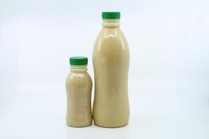 datums milkshake geserveerd in fles geïsoleerd Aan achtergrond kant visie van gezond ochtend- sap drinken foto
