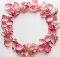 cirkel van roze bloemen Aan wit oppervlakte foto