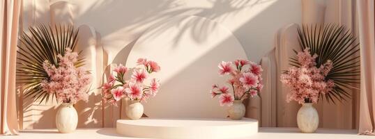 drie wit vazen met roze bloemen foto