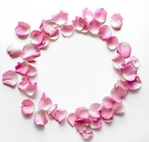 cirkel van roze en wit bloemen Aan wit oppervlakte foto