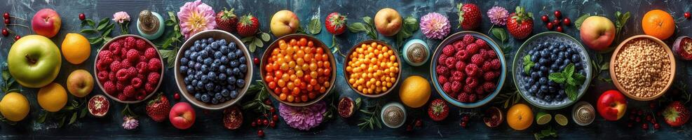 ai gegenereerd de banier beeld Kenmerken een houten tafel bekroond met divers kommen en vazen gevulde met verschillend fruit en bessen. foto